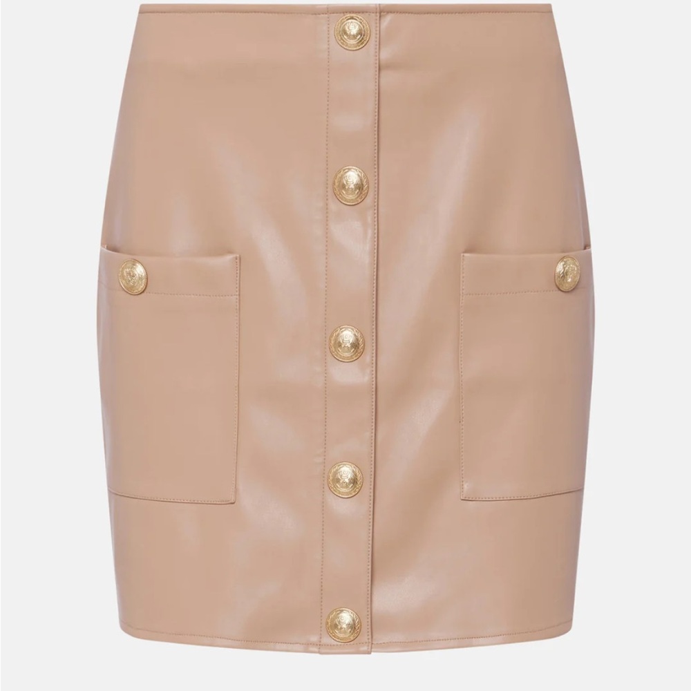 L'AGENCE Beige Faux Leather Button-Front Mini Skirt with Pockets